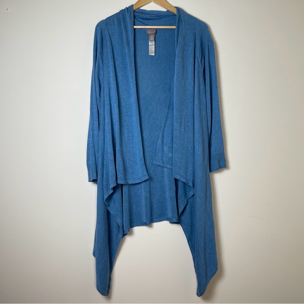 Chico's | Blue Waterfall Front Tunic Length Wrap Cardigan | Large